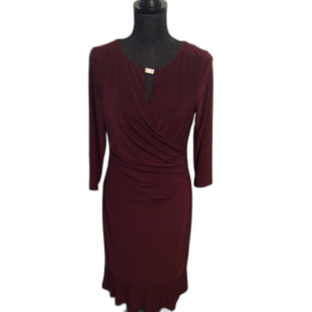 Lauren Ralph Lauren Faux Wrap Dress Ruched Size 10 Burgandy Midi